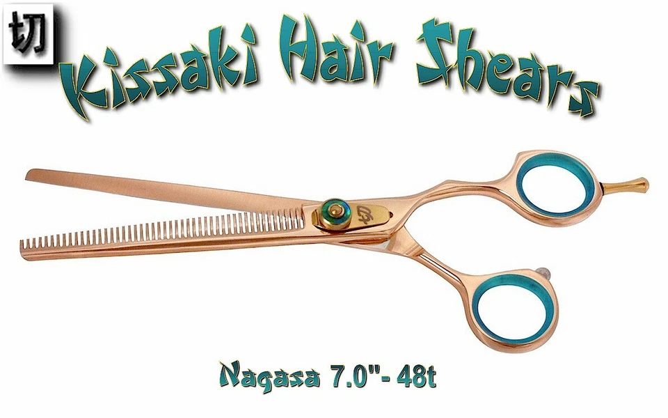 Tesoura para cuidados com cães Kissaki Rose Gold B Nagasa 7" 48 dentes tesoura para desbaste para animais de estimação - Imagem 2 de 3