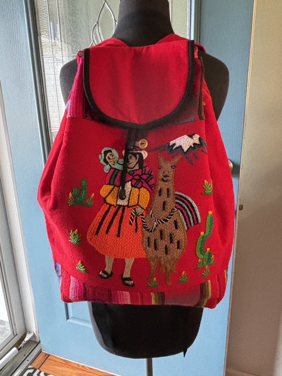 Peruvian Textile Souvenir Backpack Bag w/Embroidery Red  display picture 3