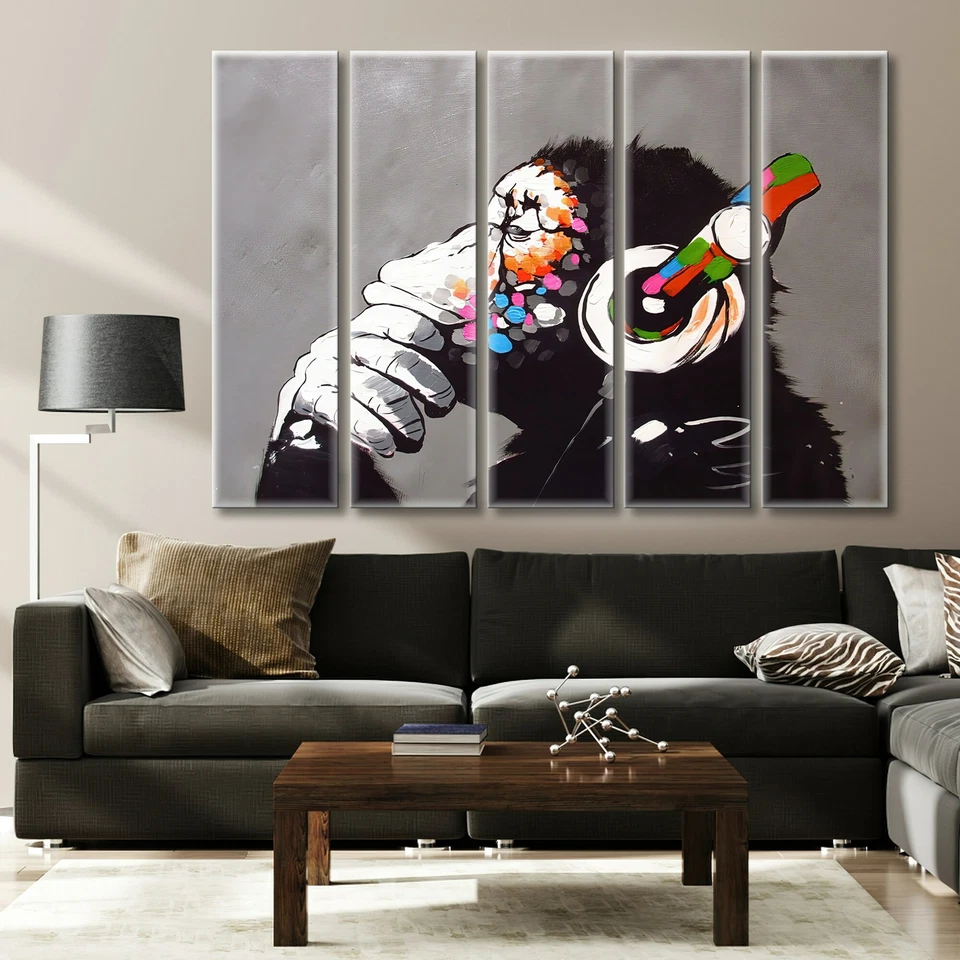 Banksy DJ 猴子,大猩猩黑猩猩帆布墙艺术,Banksy Thinking Monkey,Headpho — 第 4/4 张图片