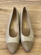 VINTAGE SALVATORE FERRAGAMO Block Heel Shoes Cap Toe Woven Beige Grey 10 AA
