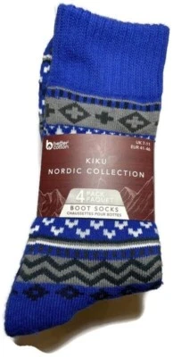 Kiku Nordic Collection Men's 4 Pack Boot Socks Cotton Multicolour Size UK 7-11