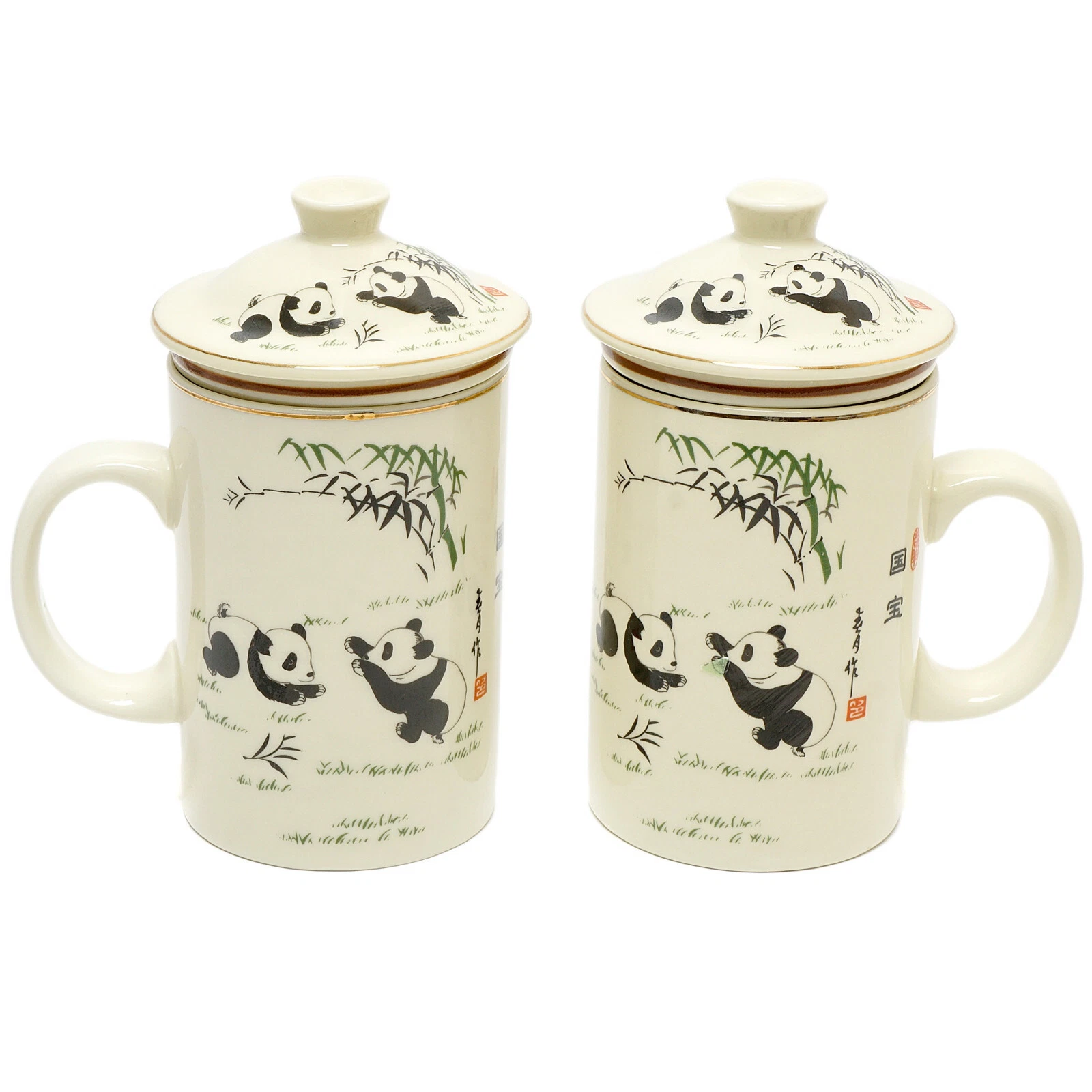 Panda Bear Tea Cups Set of 2, Lids, Infusers for Loose Leaf Tea 3 Piece Ceramic
