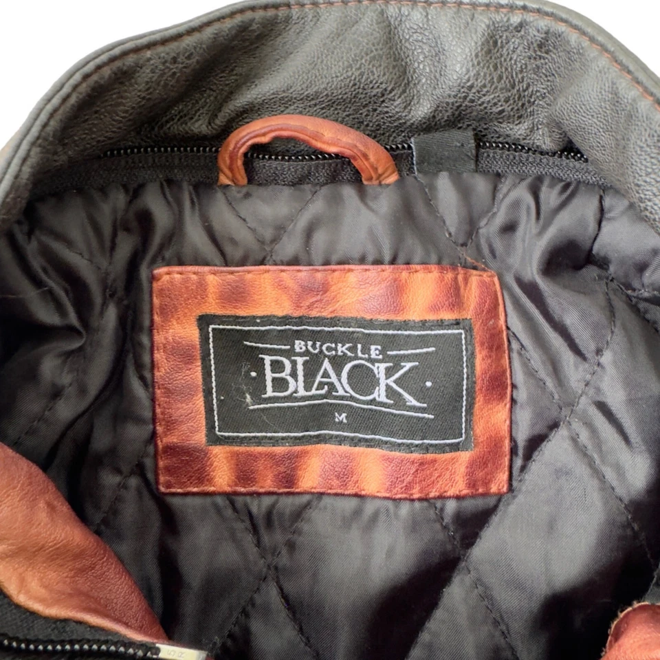 Buckle Color Block 2-Tone Vegan Leather Moto Jacket Burgundy / Black Men's M - Image 3 of 4