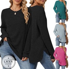 Women's Long Sleeve Round Neck Top Ribbed Loose Fit Casual Fashion T-Shirt NEW