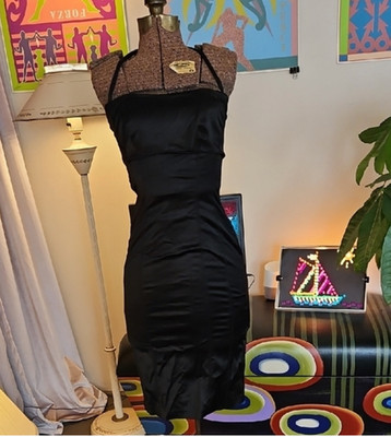Vintage Y2K Bebe Black Satin Corset Bodycon Neck Strap Bustier Cocktail Dress XS