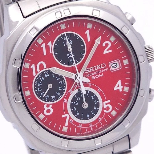 SEIKO Chronograph 7T92-0CA0 QZ Red Analog Watch Tested Vintage Style