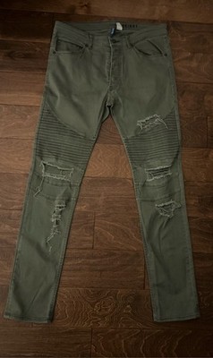 H&M Divided Skinny Moto Jeans Mens 34 Green Distressed Biker Ribbed