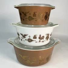 Vtg Set of 6 Pyrex Early American Covered Nesting Casserole Dishes with Lids