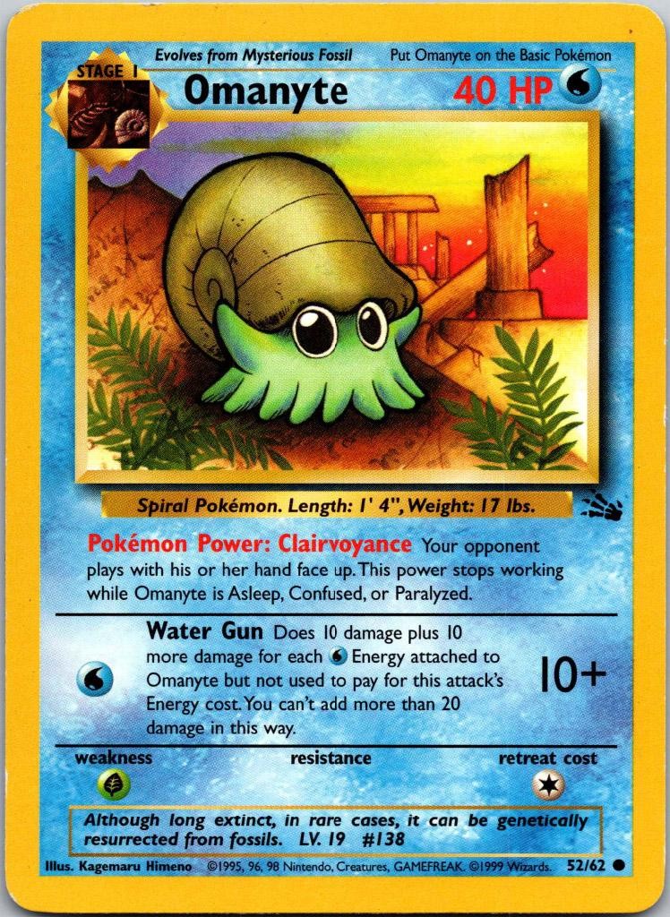 Omanyte 52/62 Common Fossil Pokemon Unlimited Moderately Played