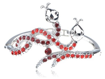 Silvery Tone Metal Alloy Red Rhinestone Twin Serpents Snake Cuff Bracelet Bangle