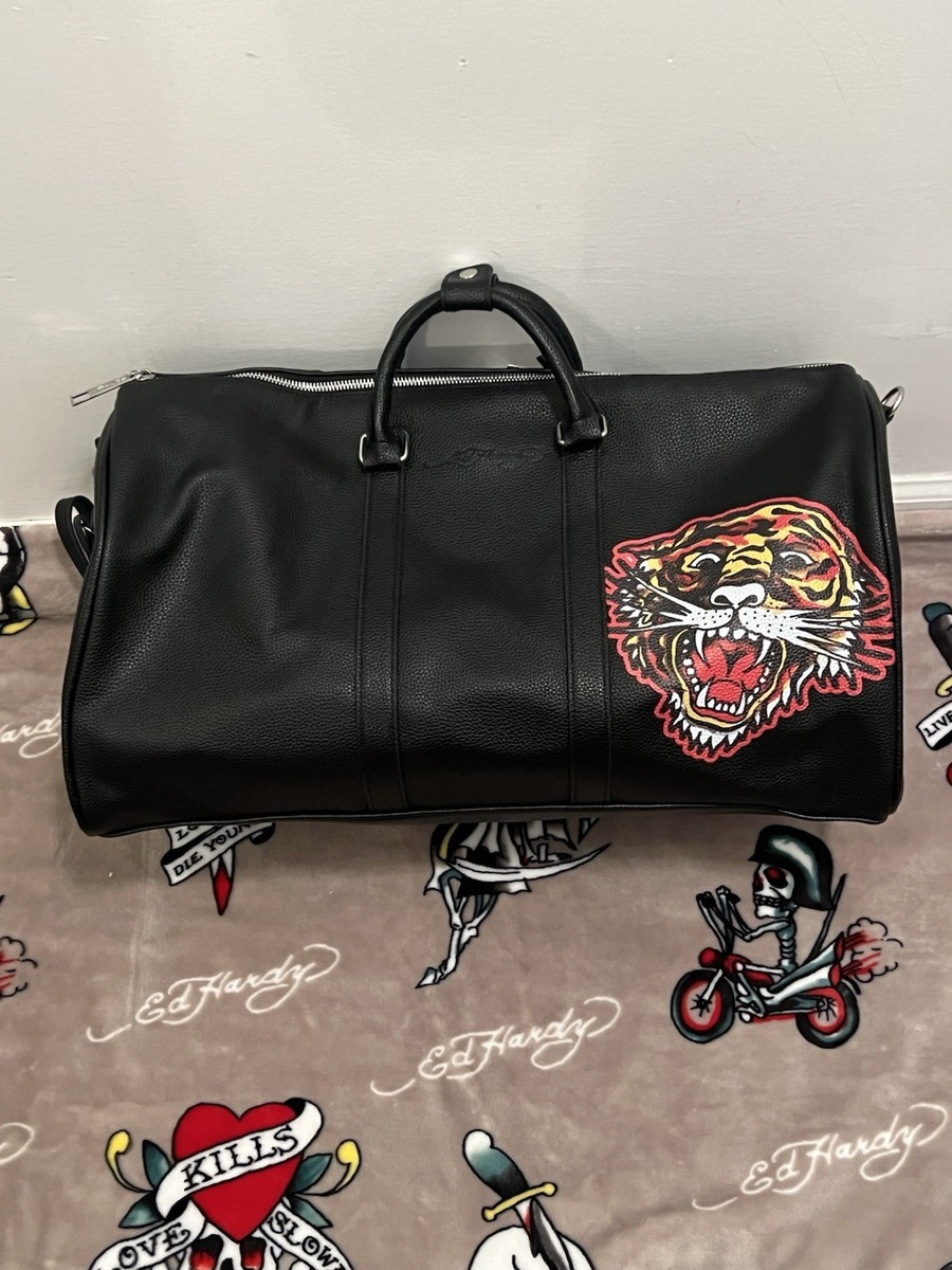 Ed Hardy Black Duffel Bag Screaming Tiger Leather Weekend Bag NWT