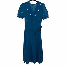 SHEIN Women's Blue Chiffon V-Neck Puff Sleeve Pleated Beaded Midi Dress M