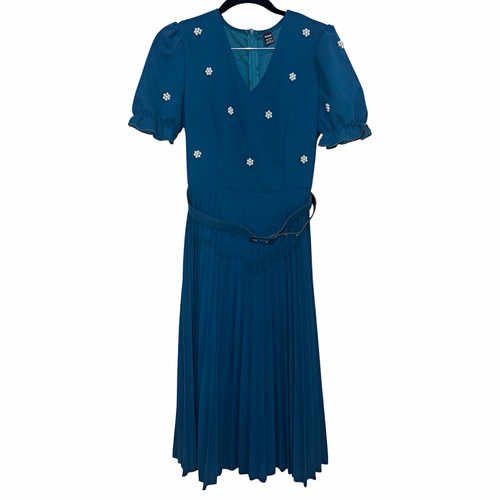 SHEIN Women's Blue Chiffon V-Neck Puff Sleeve Pleated Beaded Midi Dress M