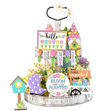12 Pcs Spring Tiered Tray Decor Wooden Gnomes Flowers Plants Tabletop Trays S...