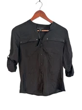 ATTENTION Women's V-Neck Rolled Tab Sleeves Black Button Up Blouse Pockets XS