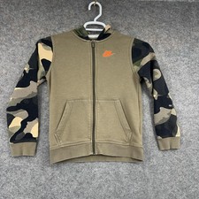 Nike Hoodie Boys Medium Green Camo Sleeve Full Zip Fleece Swoosh Sweatshirt