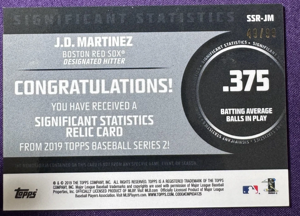 2019 Topps Significant Statistics Relics /99 JD Martinez #SSR-JM - Image 2 of 3