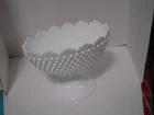 Vintage Milk Glass White Hobnail Oval Scalloped Pedestal Bowl.8.5”H x 11”L x 7”W