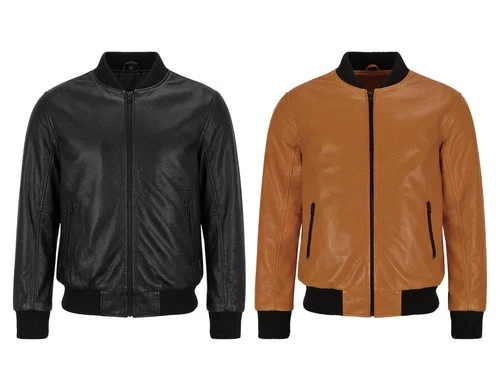 Men’s Real Leather Bomber Jacket Perforated Zip Up Slim Fit Biker Style Jacket