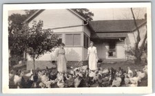 Vtg B&W Snapshot Two Women In Long Dresses With Large Flock Of Chickens 1920s