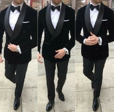 Black Men Velvet Suit Blazer Formal Dinner Party Prom Groom Tuxedo Wedding Suit