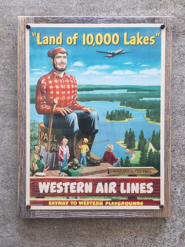 Minnesota Western Airlines Paul Bunyan Vintage Framed Travel Poster Cabin Decor - Picture 2 of 3