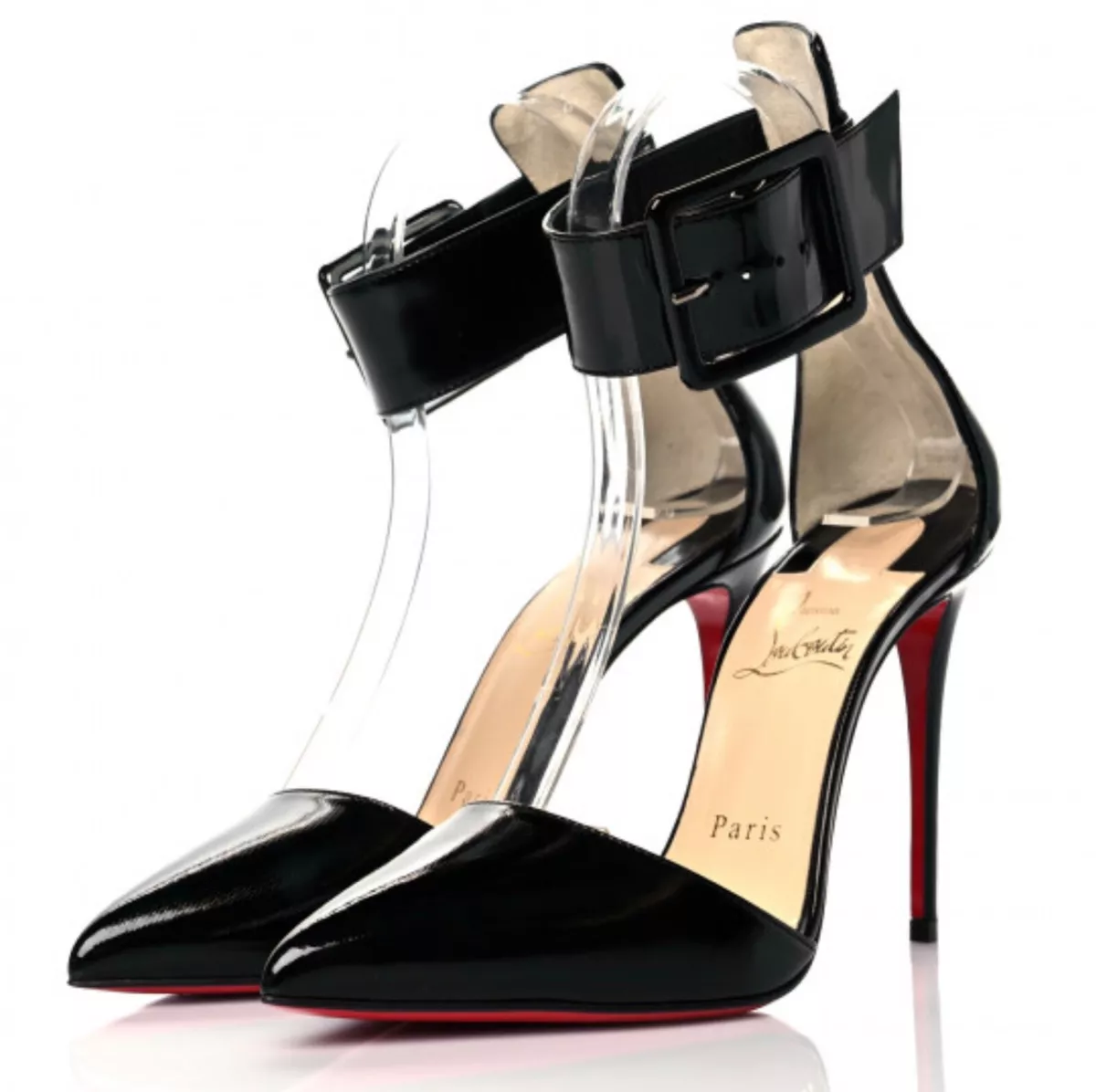 CHRISTIAN LOUBOUTIN Black Patent Vinyl Harler 100 Ankle Strap Pumps Size 39