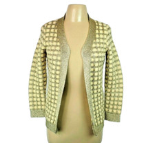 Vtg 60s Gold Open Front Cardigan Sweater Crochet Metallic Holiday Evening sz M/L