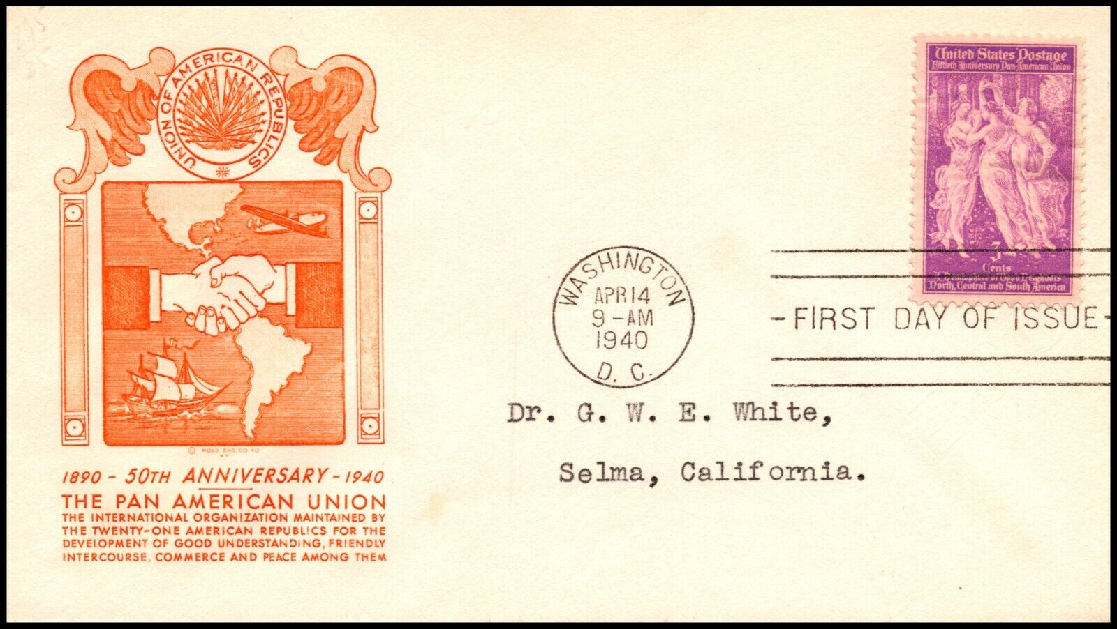 Scott 895 3 Cents Pan American Union Ross Engraving FDC Typed Ad