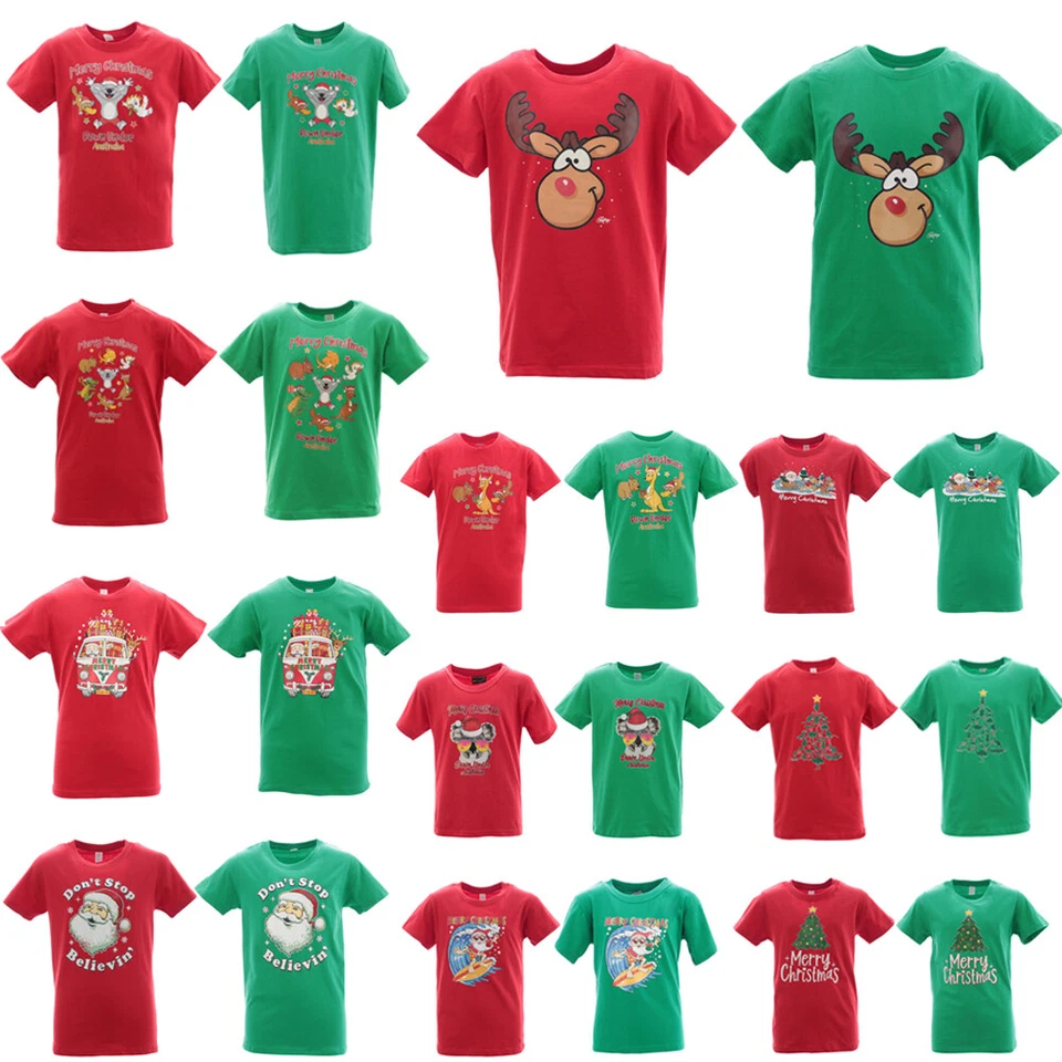 FRESH IDEA LIVING Kids Boys Girls Christmas Xmas T Shirt Tree 100% Cotton Red Green Size 0-16 NEW
