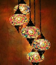 5 Large Globes - Turkish Moroccan Glass Mosaic Hanging Ceiling Chandelier Lamp