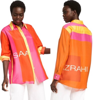 Isaac Mizrahi ORANGE/PINK Oversize 100% Silk Blouse  Sz: XL -- Now $59.99