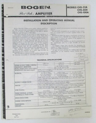 Bogen Flex Pak Amplifier CHS-35A CHS-60A CHS-100A Installation Operating Manual