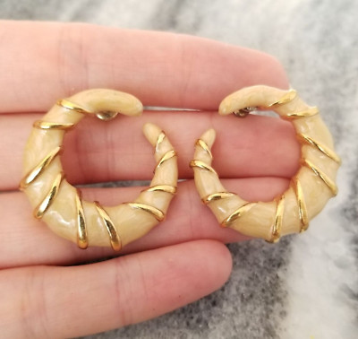 Vintage Napier Crescent Shaped Cream Enamel Post Earrings, Unique Retro Design