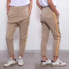 Nili Lotan Paris Striped Drop Crotch Pants Beige Khaki 0 26 x 23 Made in USA