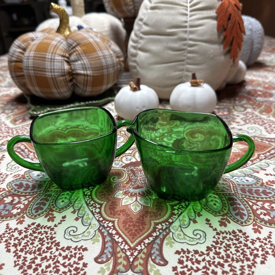 Lote Anchor Hocking Depresión Vidrio Bosque Tazas de Té Verde Crema Azúcar Contenedores Foto 2 de 4