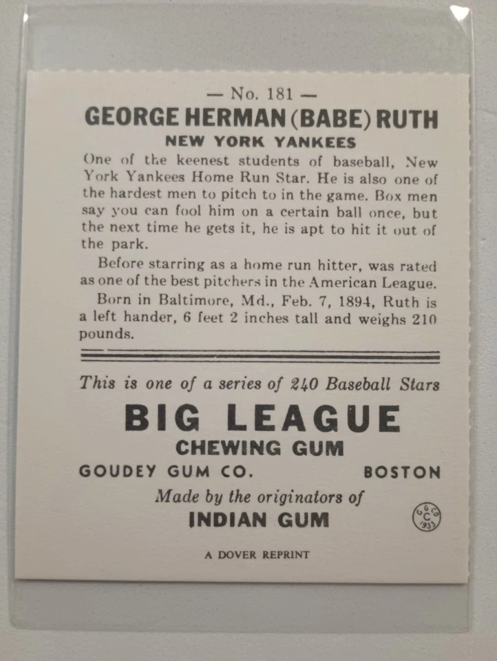 Babe Ruth 1933 Goudey Card #181, Pristine Condition. 1977 Dover Run  - Image 4 of 4