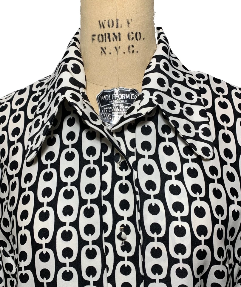LANVIN Vintage 70s Women's LS Mod Geo Black+White Chain Print Dress - Sz 16/L - Image 3 of 4