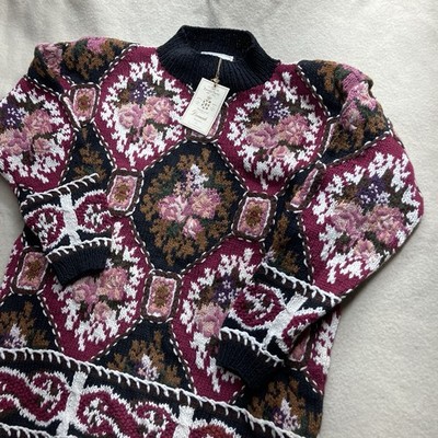 Nos VTG Express Tricot Hand Knitted Sweater L Floral Grandma Pink Black Ramie