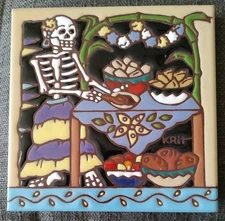 Vintage EARTHTONES "Day of the Dead" Decorative Ceramic Art Tile 6”  Square 
