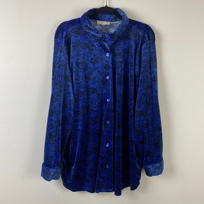 Woman Within Velour Button Up Shirt Size 1X Blue Paisley Floral