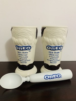 Vintage Set of 2 1980 s Oreo Milk Shake Glasses and One Ice Cream Scoop