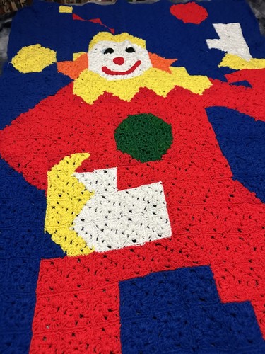 Vintage Handmade Crochet Knit Clown Juggler Blanket Afghan 74” X 40” WOW 🔥 - Picture 3 of 10