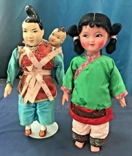 2- VINTAGE ASIAN, CHINESE DOLLS, 1 HAS CHILD ON BACK, 10", COMPOSITE & PLASTIC