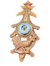 Antique Black Forest Hand Carved Barometer Thermometer Bird Theme 14” By 6” Inch