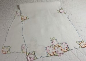 Vintage Dresser Scarf, Flower Embroidery, Linen, White, Pastels