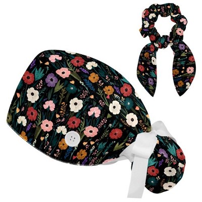 Floral Scrub Cap Women Ponytail Buttons Surgical Nurse Hat Long Hair Bouffant