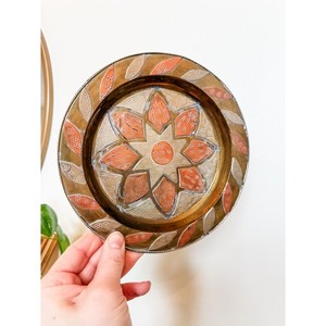 Vintage Moroccan Decorative Wall Plate Brass Copper Tin Inlay 7.5"