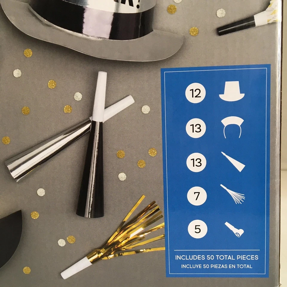 New Year’s Eve 50 Piece 25 Guest Kit Black Gold Silver Party Hat Noise Makers - Image 2 of 3