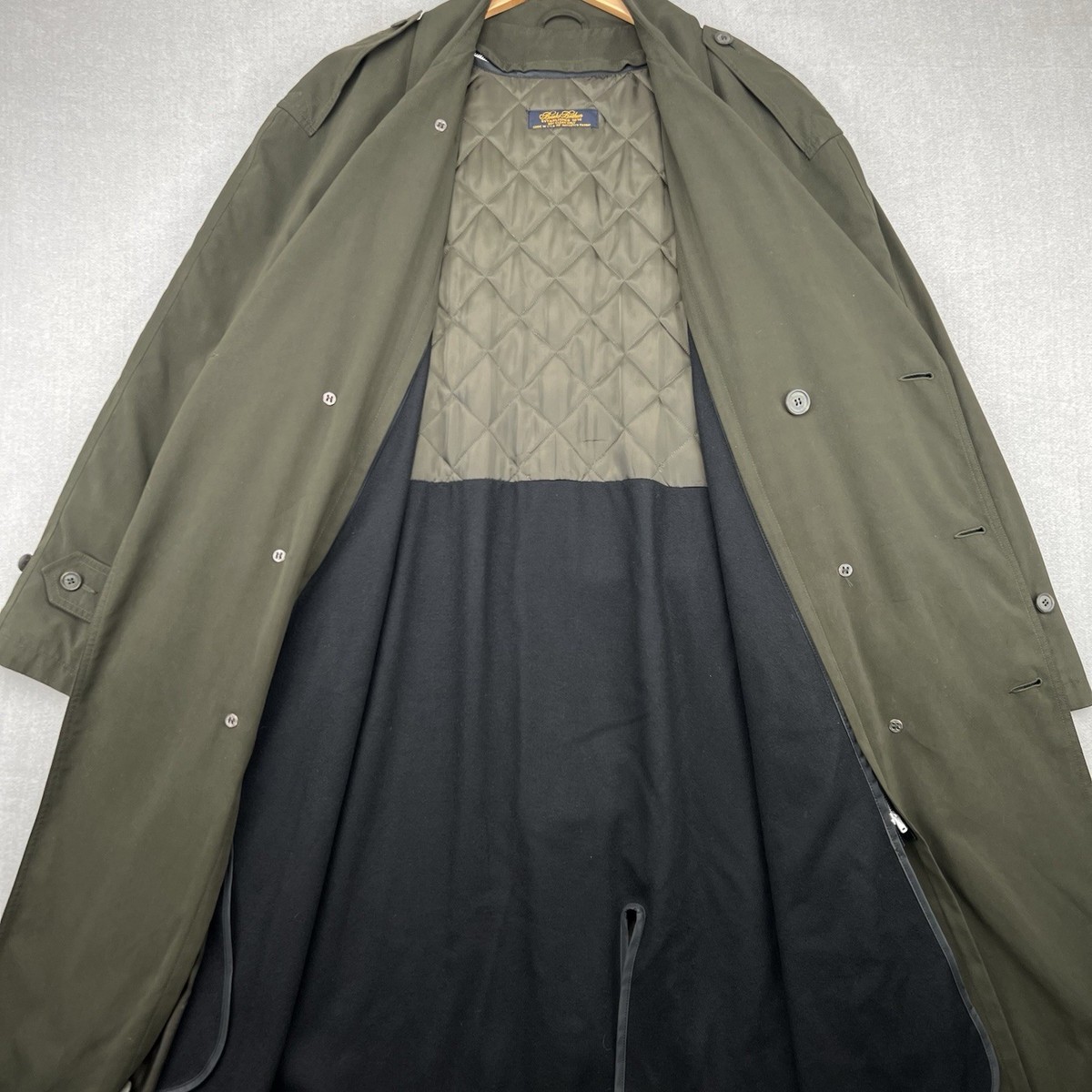 Brooks Brothers Trench Coat Mens 44R Green Zip Out Wool Liner